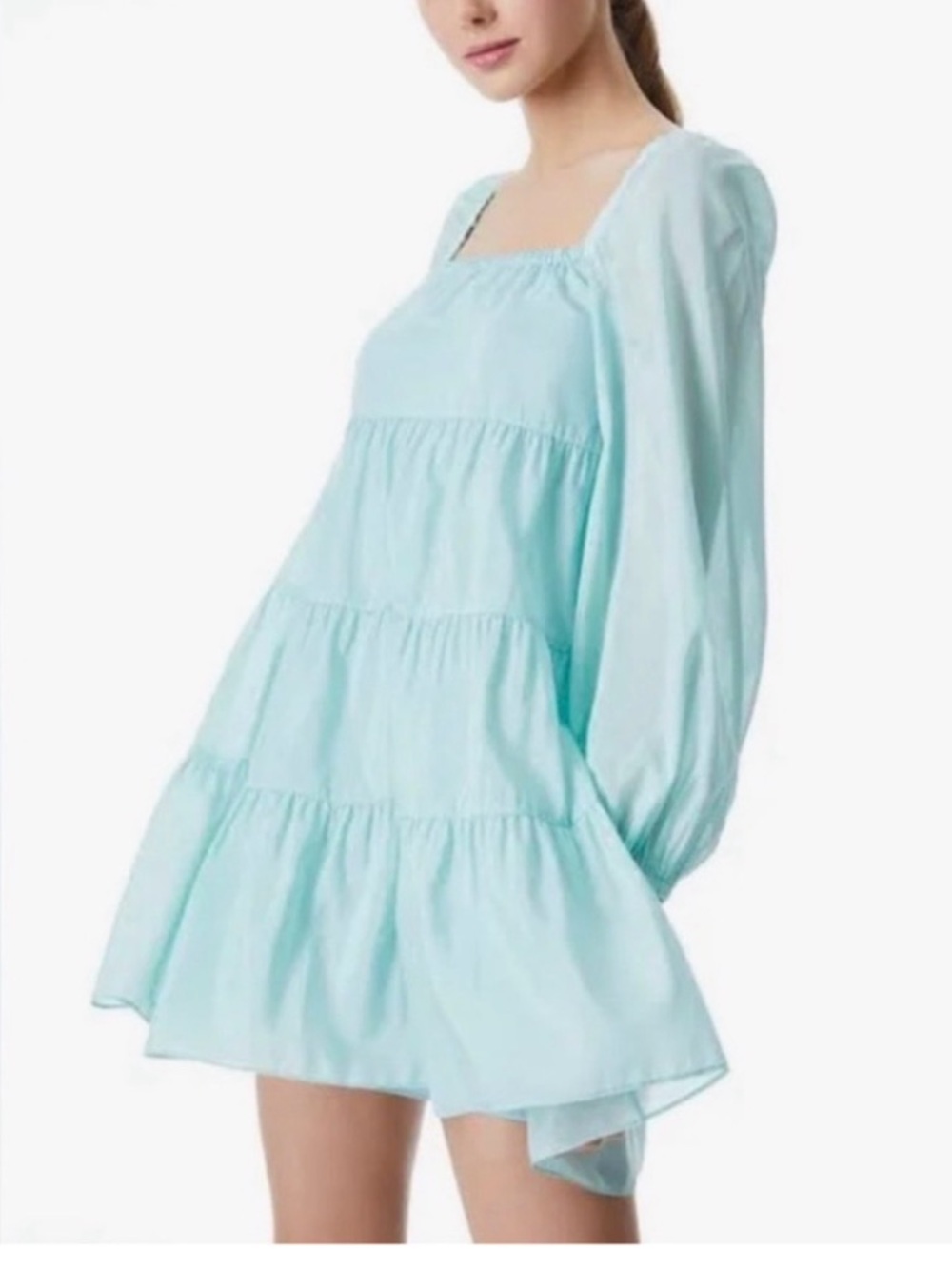 NWT Alice + Olivia Mint Blue Tiered Mini Dress with Puff Sleeves Size S